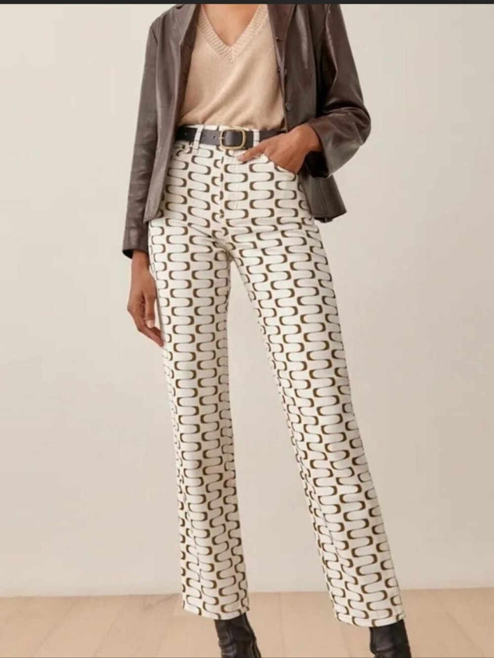 Reformation Mod High Rise Straight Cream & Brown Printed Jeans